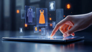 A woman's hand browsing on a tablet, an online store while considering to ADD E-COMMERCE to her website.